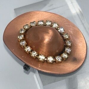 Copper Cowboy Hat Brooch Rhinestones Unisex Western Theme